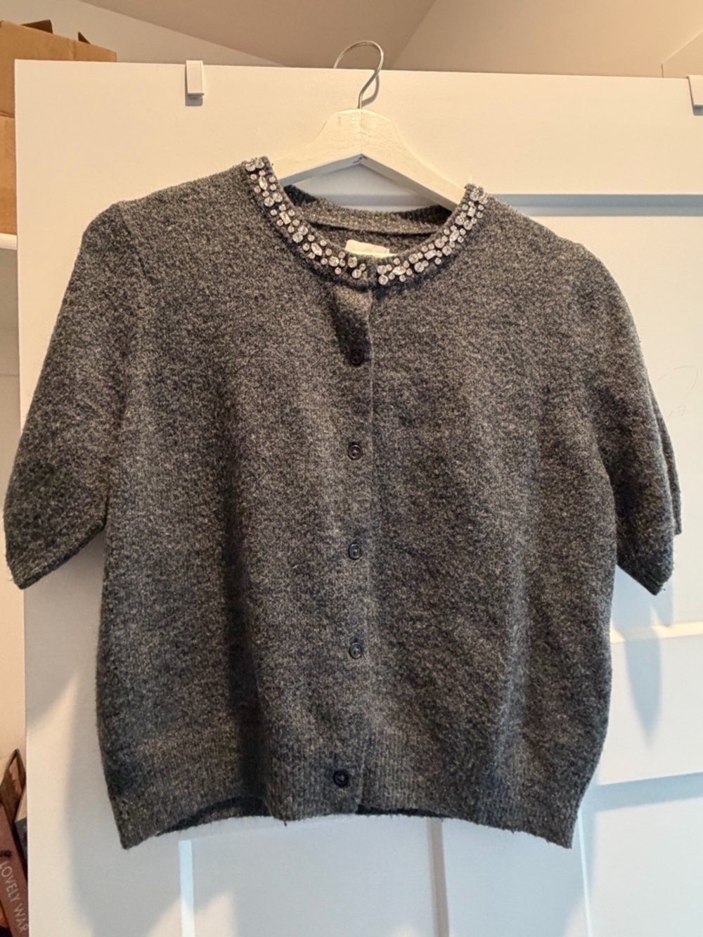 H&M Jeweled Collar Short-Sleeve Cardigan - Gray